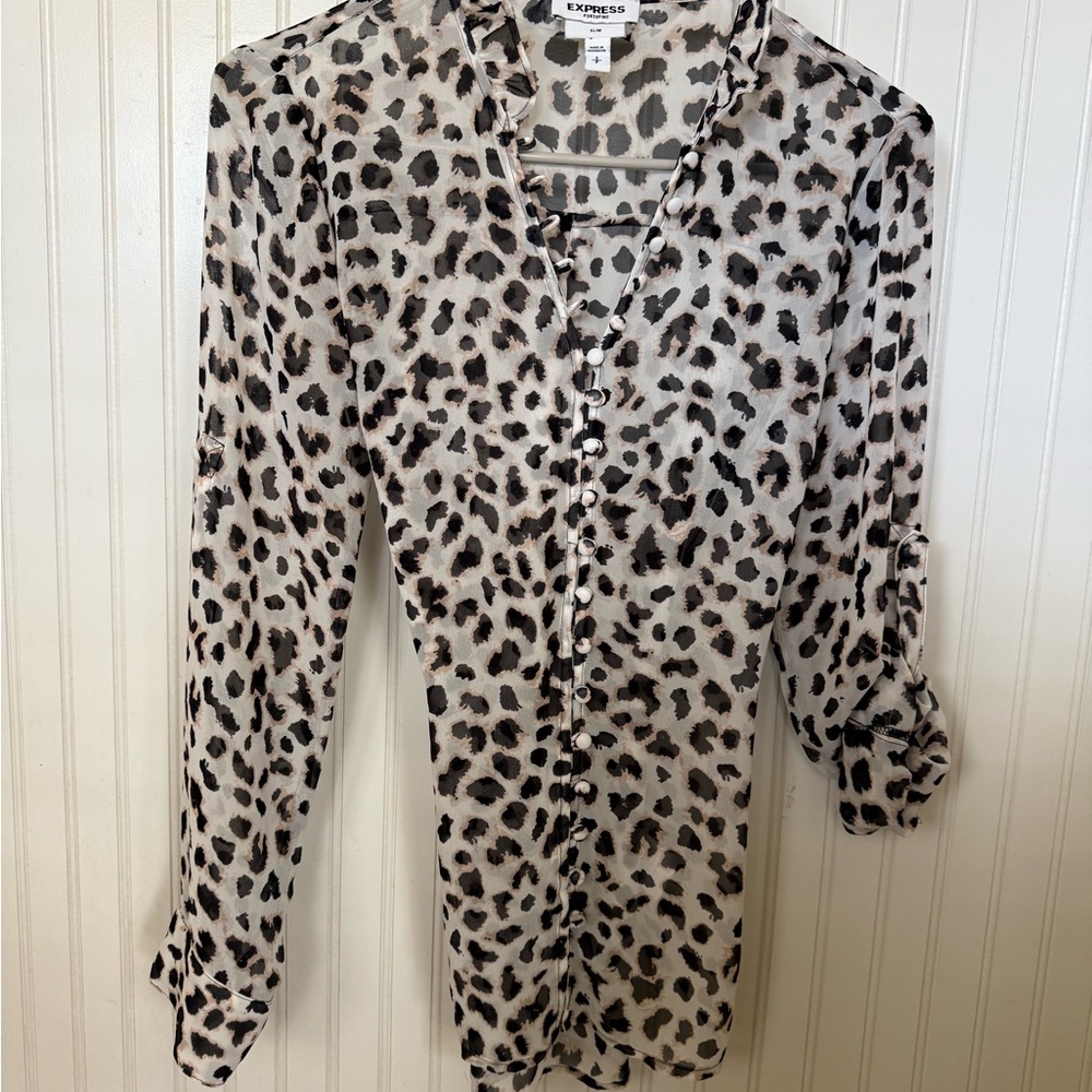 Express Animal Print Button Down Shirt - Black and Cream